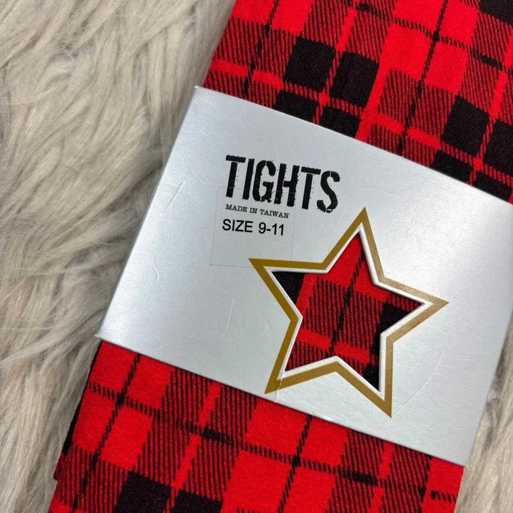 Vintage Y2K Dead Stock NWT Hot Topic Women's 9-11 Red Tartan Plaid Tights Grunge